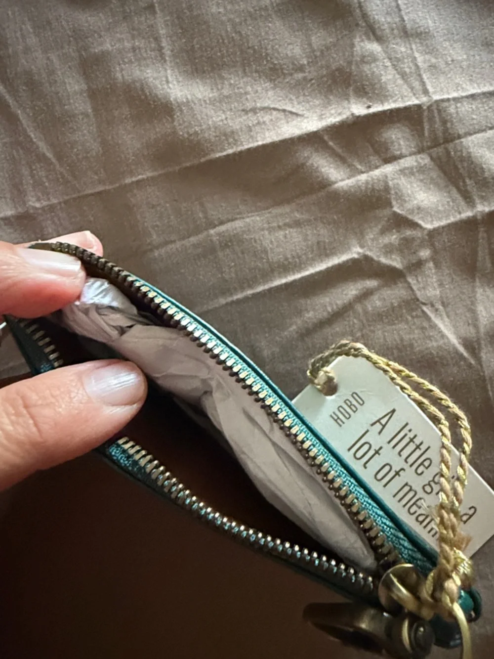 HOBO Teal Leather 'luck' Zip Pouch with Gold Script - Picture 4 of 5